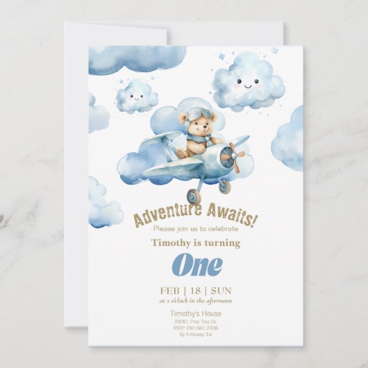 テディの空高く舞うファーストバースデー冒険 招待状 (正面)