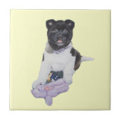 テディの芸術のかわいい秋田の子犬の白黒犬 タイル (正面)