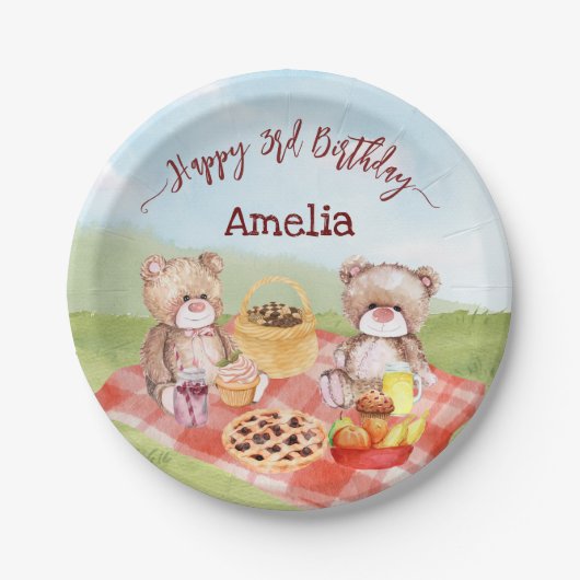 テディはピクニックの誕生日パーティーをパーソナライズされた催す ペーパープレート (正面)