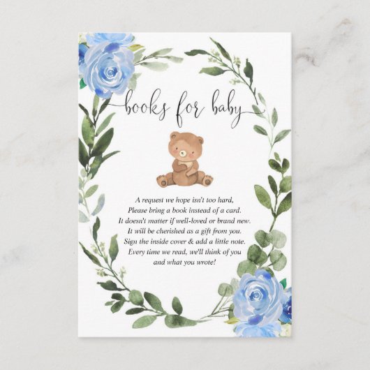 テディは男の赤ちゃんのための緑の青いフローラの本を持つ エンクロージャーカード (正面)