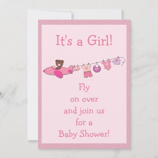 テディイン飛行機&クロステラインピンクガールベビーシャワー 招待状 (正面)