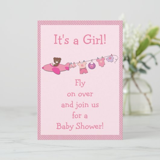 テディイン飛行機&クロステラインピンクガールベビーシャワー 招待状 (スタンド正面)