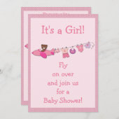 テディイン飛行機&クロステラインピンクガールベビーシャワー 招待状 (正面/裏面)
