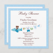 テディイン飛行機&クロステラインブルーベビーシャワー 招待状 (正面/裏面)