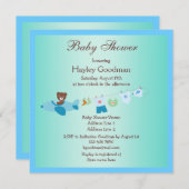 テディイン飛行機&クロステラインブルーベビーシャワー 招待状 (正面/裏面)