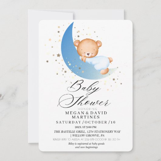 テディエレガントベア月金ゴールドスター赤ちゃんシャワー 招待状 (正面)
