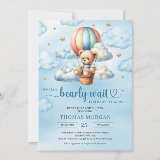 テディカラフルベアbearly wait男の子の赤ちゃんシャワー 招待状 (正面)
