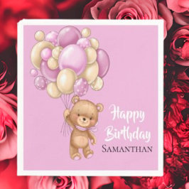 テディガールハッピーバースデー – ピンク スタンダードカクテルナプキン