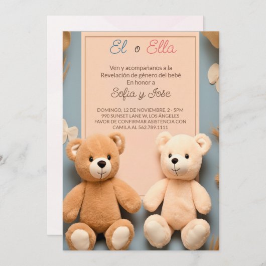 テディスペインのベアのパーティー性別の表示 招待状 (正面/裏面)