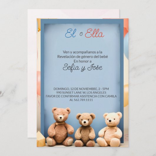 テディスペインのベアテーマジェンダー表示招待状 招待状 (正面/裏面)