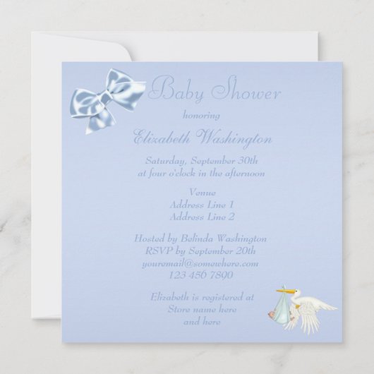 テディバルーン&ストーク(背面)男の赤ちゃんシャワー 招待状 (裏面)