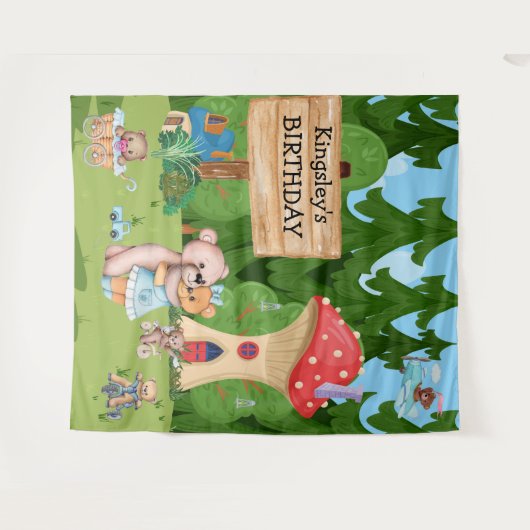 テディパーソナライズされたベアピクニックビレッジ タペストリー (正面(横))