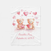 テディパーソナライズされたベアーズピンク赤いハートベビー フリースブランケット (正面)
