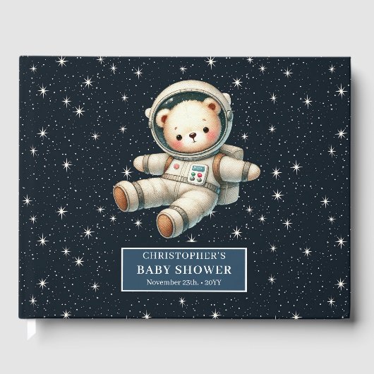 テディパーソナライズされたベア宇宙飛行士ボーイベビーシャワー ゲストブック (正面)