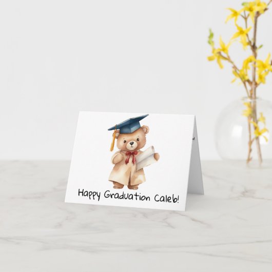 テディパーソナライズされたベア幼稚園卒業 カード (黄色い花)
