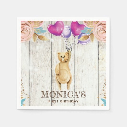 テディパーソナライズされたベア素朴誕生日 スタンダードカクテルナプキン (正面)