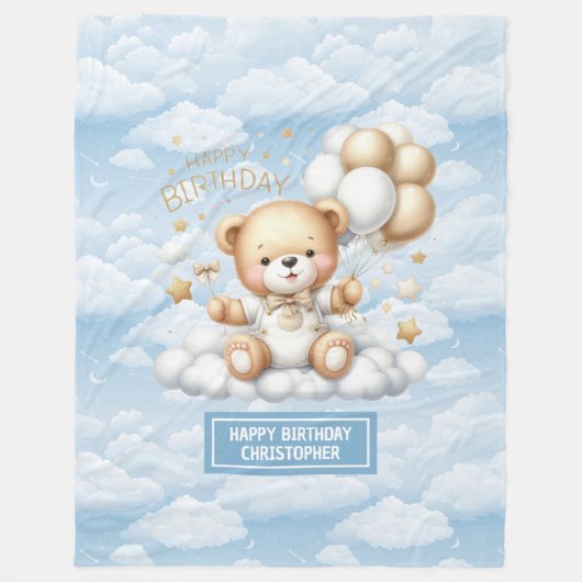 テディパーソナライズされたー付き最初の誕生日ブランケット フリースブランケット (正面)