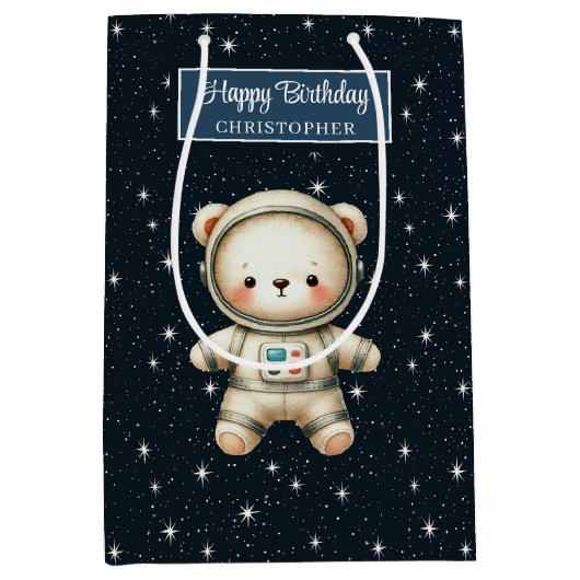 テディパーソナライズされた宇宙飛行士ボーイ誕生日抱き枕 ミディアムペーパーバッグ (正面)