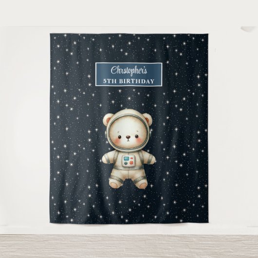 テディパーソナライズされた宇宙飛行士ボーイ誕生日背景 タペストリー (正面)