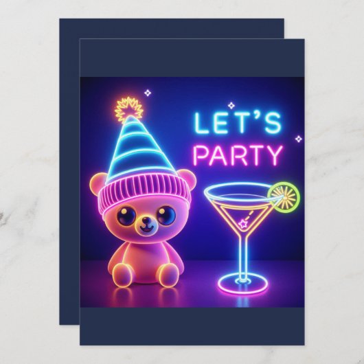 テディパーティータイム ネオンピンク 招待状 (正面/裏面)