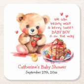 テディベアいちごパンケーキブランチ赤ちゃんシャワー スクエアペーパーコースター (正面)