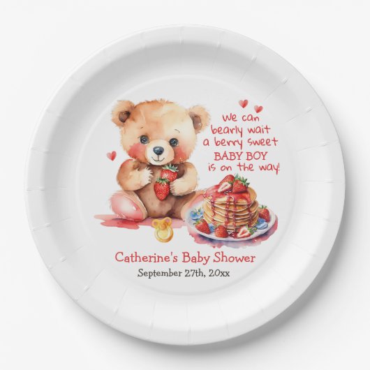 テディベアいちごパンケーキブランチ赤ちゃんシャワー ペーパープレート (正面)