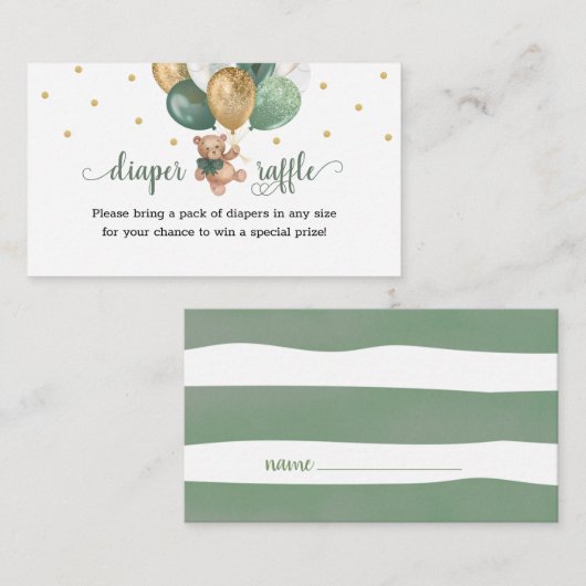テディベアおむつラッフルセージ緑のベビーシャワー エンクロージャーカード (正面/裏面)