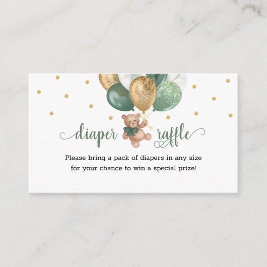 テディベアおむつラッフルセージ緑のベビーシャワー エンクロージャーカード (正面)