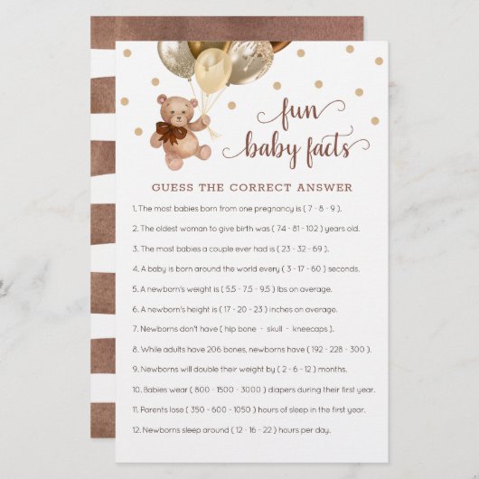 テディベアおもしろいベビーファクト赤ちゃんシャワーゲーム (正面/裏面)