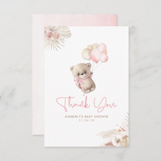 テディベアかわいい女の子ベビーシャワーありがとう サンキューカード (正面/裏面)