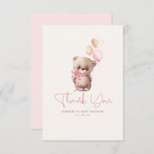 テディベアかわいい女の子ベビーシャワーありがとう サンキューカード (正面/裏面)