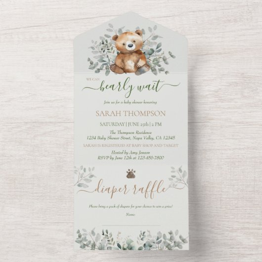 テディベアかわいい男女兼用ベビーベビーシャワー オールインワン招待状 (内側)