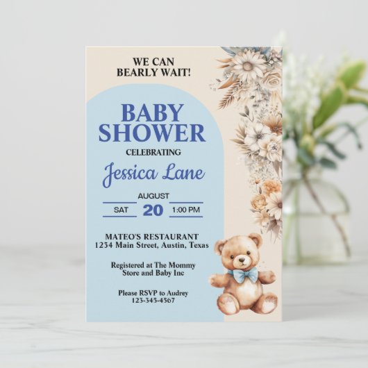 テディベアかわいらしフ素朴ラワーボーイ赤ちゃんシャワー 招待状 (スタンド正面)