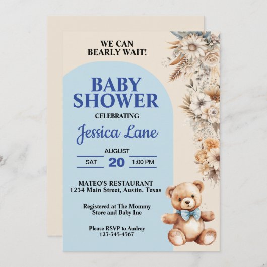 テディベアかわいらしフ素朴ラワーボーイ赤ちゃんシャワー 招待状 (正面/裏面)