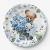 テディベアがアジサイの花を持つ ペーパープレート (正面)