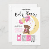 テディベアが月に座る |女の子シャワー インビテーションポストカード (正面/裏面)