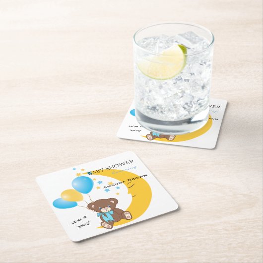 テディベアが月に座る |男の赤ちゃんシャワー スクエアペーパーコースター (インサイチュ)