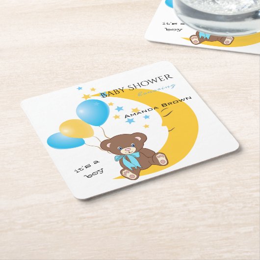 テディベアが月に座る |男の赤ちゃんシャワー スクエアペーパーコースター (アングル)