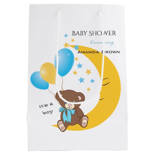 テディベアが月に座る |男の赤ちゃんシャワー ミディアムペーパーバッグ (裏面)