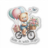 テディベアが自転車に乗っている シール (正面)