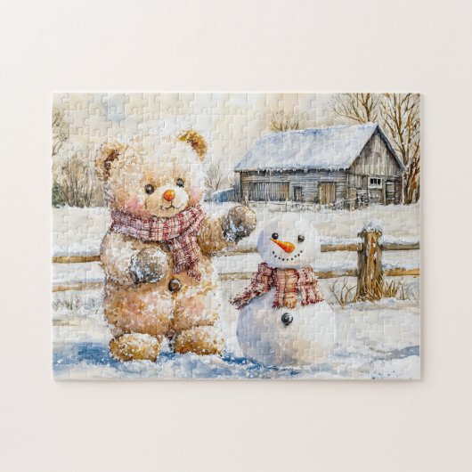 テディベアが雪だるまを作っています ジグソーパズル (横)