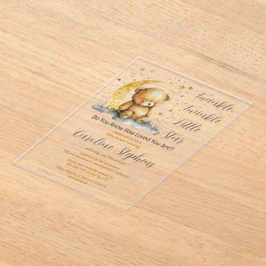 テディベアきらめく小さな星の赤ちゃんシャワー アクリル招待状 (レイダウン)