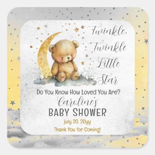 テディベアきらめく小さな星の赤ちゃんシャワー スクエアシール (正面)