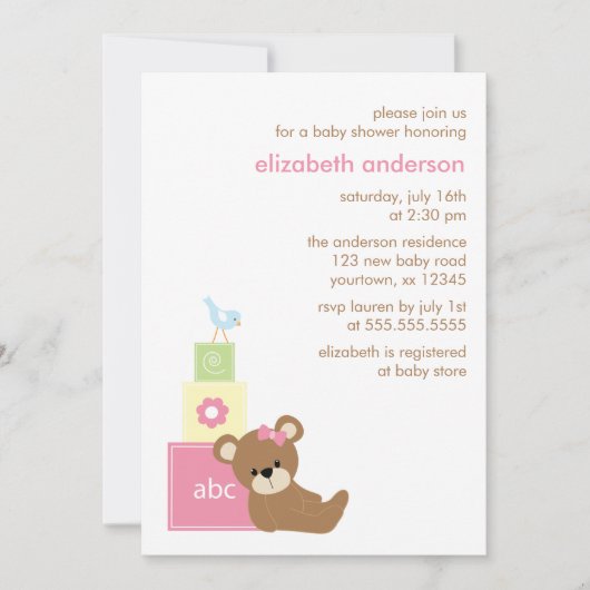 テディベアとおもちゃブロック女の子ベビーシャワー 招待状 (正面)