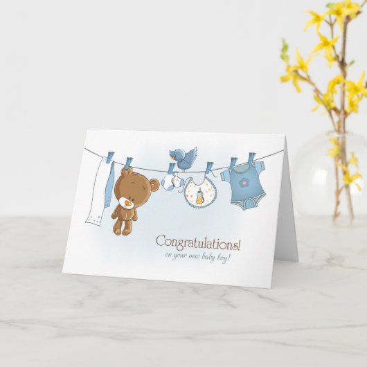 テディベアとの男の赤ちゃんおめでとう カード (黄色い花)