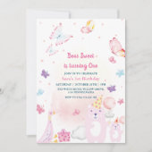 テディベアとアヒル1st誕生日ベビーガール 招待状 (正面)