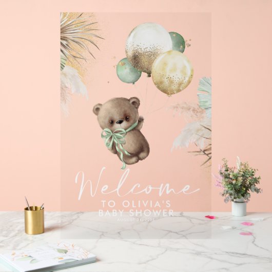 テディベアとグリーンバルーン赤ちゃんシャワーへようこそ アクリルサイン (ウェディング)