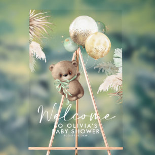 テディベアとグリーンバルーン赤ちゃんシャワーへようこそ アクリルサイン