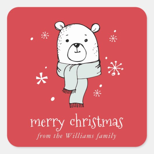テディベアとスノーフレーク赤いクリスマス スクエアシール (正面)
