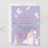 テディベアとダックパープル1st誕生日ベビーガール 招待状 (正面)
